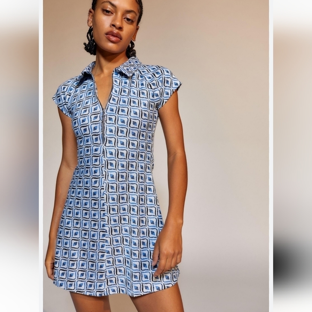 Urban Outfitters Arlo zip up mini dress blue retro print sz small new
